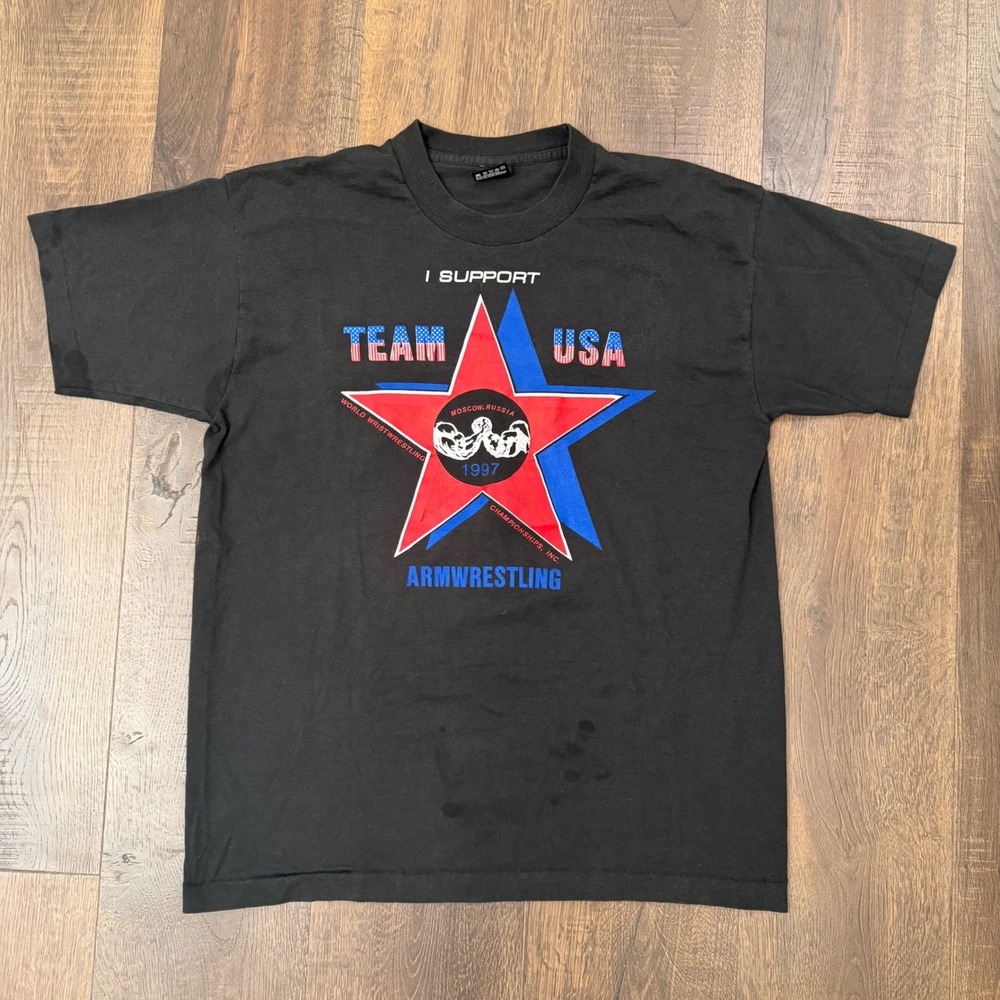Vintage 1997 Team USA Armwrestling T Shirt Mens L Fruit of the Loom 90s Black